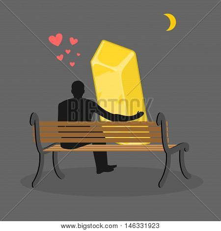 Lover Gold. Golden Bullion And People Are Looking At Moon. Date Night. Man And Wealth Of Sitting On