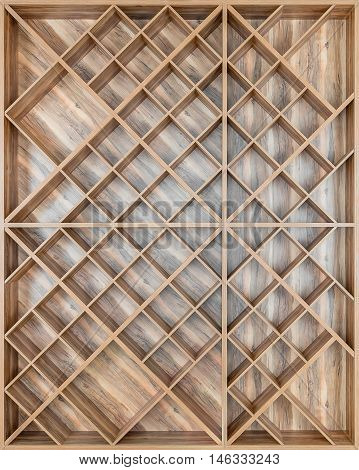 Wooden square shelf for wine or books of boards with a beautiful pattern