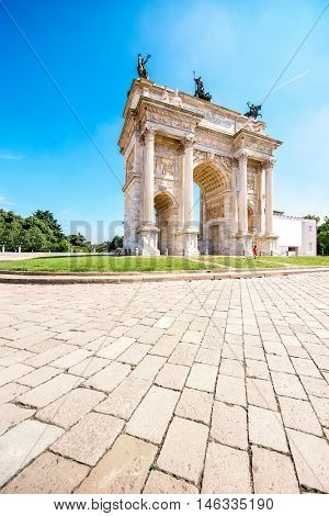 Simplon roman city gate in Milan city in Italy