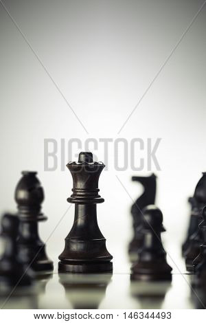 Vertical image of a chess board with focus on the queen over bright background Concept of risk management or strategic business.