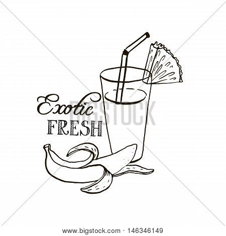 hand drawn tropical juice in glass, exotic fresh, fruit smoothie, banana and pineapple beverage, ink drawing vector elements