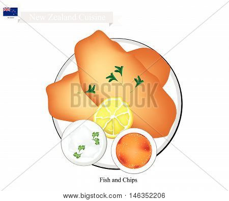 New Zealand Cuisine Illustration of Traditional Fried Fish Fillet. A Popular Take Away Food in New Zealand.