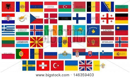 Illustration of all the flags of Europe with the countries names written on the flag.