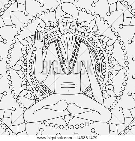 yoga meditating sadhu, logo asia hinduism monk, india religious guru man character, mandala