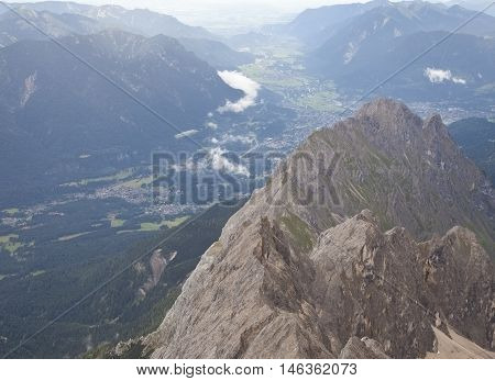 View from mountain Zugspitze Tirol at village of Ehrwald Austria