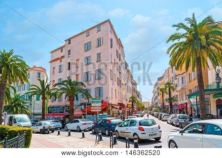 AJACCIO FRANCE - MAY 2 2013: The traffic jam in Place Foch one of the main city squares always noisy and crowded on May 2 in Ajaccio.