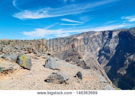 In Oman  The Old Mountain Gorge And Canyon The Deep Cloudy  Sky