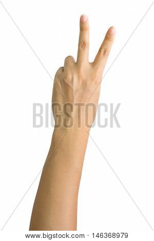 woman hand showing two fingers isolated on white background.clipping path included
