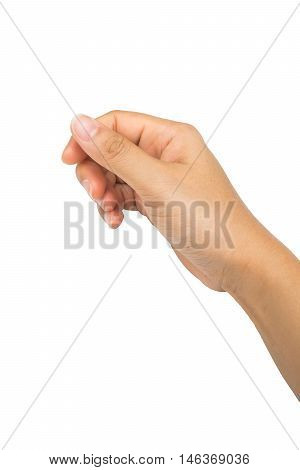 Woman hand hold virtual business card, credit card or blank paper isolated on white background.Clipping path included