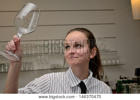 young waitress checked Wineglass - portrait job