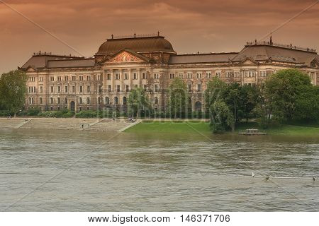 flood in Dresden 2013 Ministry of Finance buildings over Elbe river in Dresden German