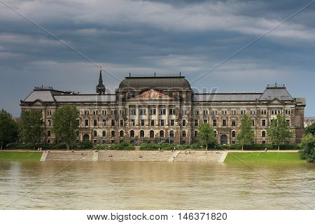 flood in Dresden Ministry of Finance buildings over Elbe river in Dresden German
