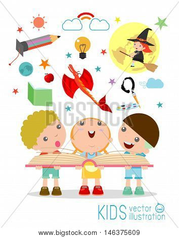 kids reading book with Imagination flying out, children reading a magic book, Isolated on white background, Imagination concept, happy children, Vector Illustration.