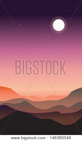 Abstract landscape of a dawn. Purple and peachy colors. The moon and stars in the sky while the sun is rising.
