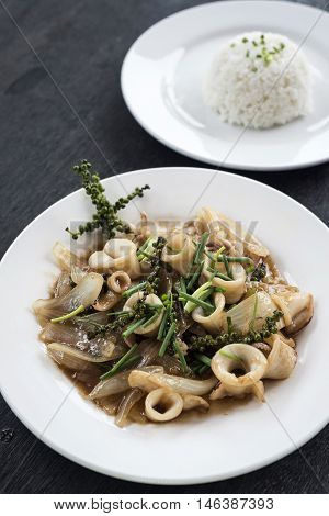 fresh squid and kampot green pepper stir fry traditional asian cambodian seafood meal