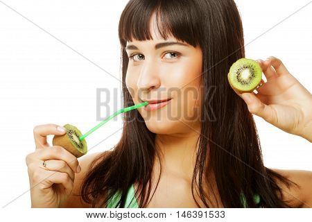 Beautiful close-up portrait of young woman with kiw juice. Healthy food concept.