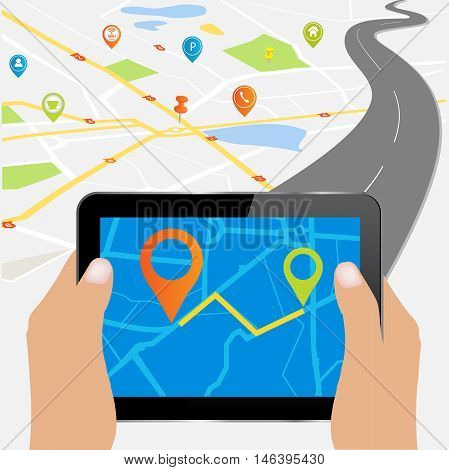 Tablet PC with detailed vector map with colorful pins indicating locations.City map with navigation icons. Hands with Tablet PC .Mobile Technologies Concept