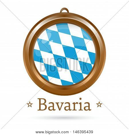 Round golden medallion with the flag of Bavaria inside. Free State of Bavaria flag. Vector illustration