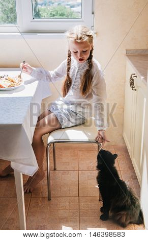 Child girl feeding a black cat in the kitchen.