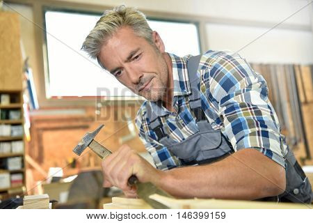 Carpenter working wood in workshop