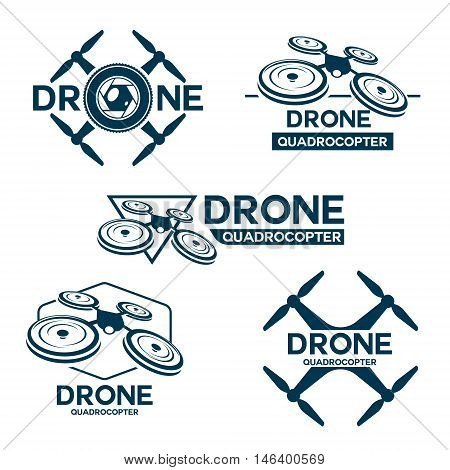 Set of quadrocopter  theme logo template. Vector emblems collection. Isolated on white background.