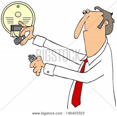 Illustration of a businessman installing a 9 volt battery in a smoke detector.