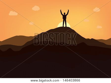 Silhouette of businessman withon mountain - top, sky, sunset, vector