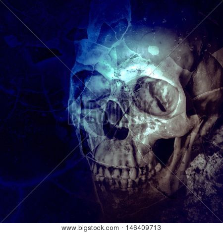 Human skull on ruins place,Horror Background For Halloween Concept And Movie Poster Project