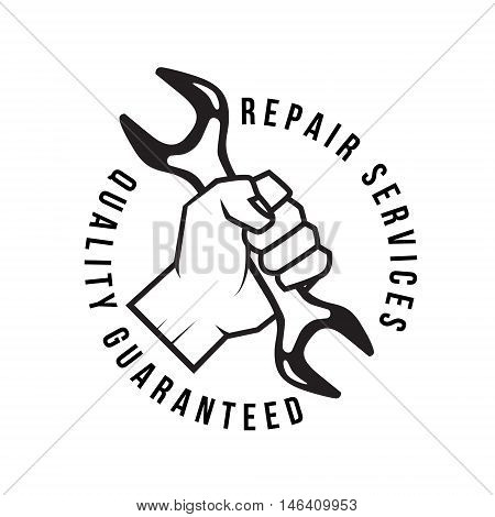 Hand holding wrench tool logo, emblem template. Vector illustration isolated on white background.
