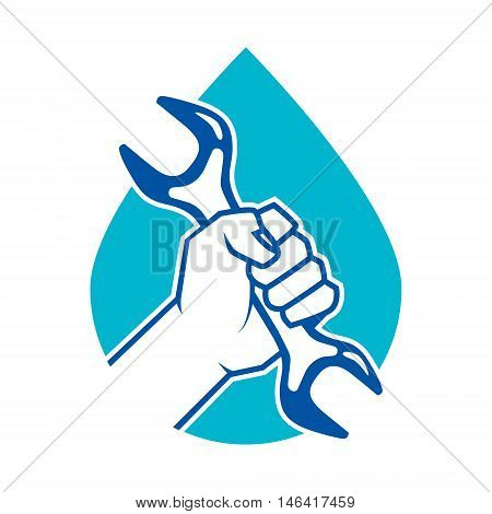Hand holding wrench tool with water drop. Logo, emblem template. Vector illustration isolated on white background.