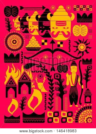 vector illustration of Happy Dussehra festival background kitsch art India