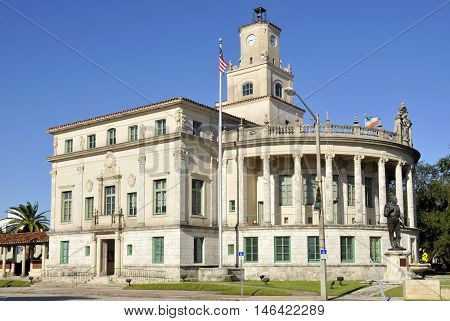 MIAMI FLORIDA - USA - OCTOBER 29 2012: Coral Gables City Hall is a historic site in Coral Gables, Florida. On July 24, 1974, it was added to the U.S. National Register of Historic Places.