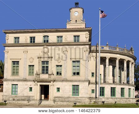 MIAMI FLORIDA - USA - OCTOBER 29 2012: Coral Gables City Hall is a historic site in Coral Gables, Florida. On July 24, 1974, it was added to the U.S. National Register of Historic Places.