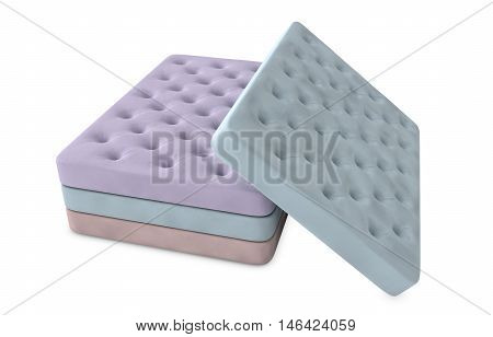 Mattress isolated on white background. Stack of orthopedic mattresses of different colors. 3d illustration