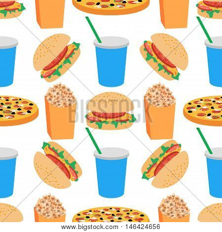 Unhealthy food seamless pattern of hamburger, pizza, popcorn, drink on the white background. Restaurant fast food menu background. Vector illustration