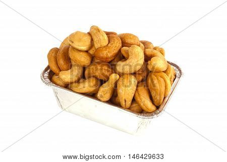 Roasted Salted cashews in aluminum foil tray