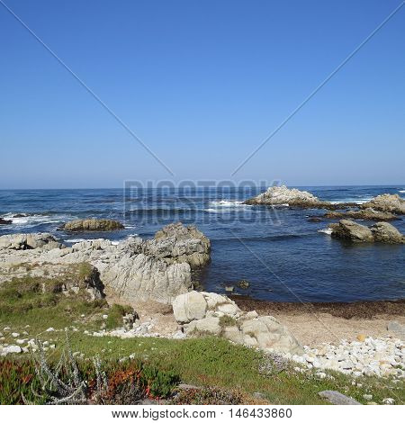 This is an image of Asilomar Beach in Pacific Grove, California,
taken at low tide on a clear sunny day.