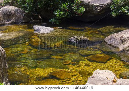 Beautiful Lake In Sunny Day Formed By Waterfalls