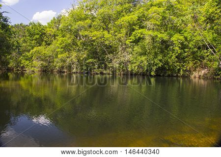Beautiful Lake In Sunny Day Formed By Waterfalls