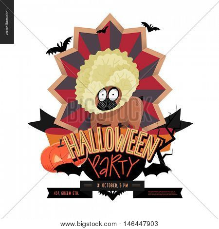 Halloween Party composed sign emblem invitation. Flat vectror cartoon illustrated design of a french bulldog in center of striped shield, bats, pumpkin jack-o-lantern, ribbon, lettering