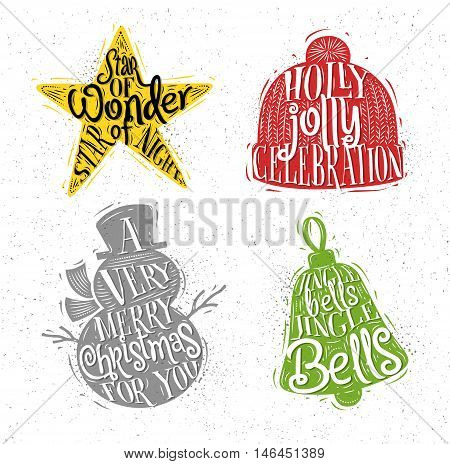 Christmas vintage silhouettes star snowman bell winter hat with greeting lettering star of wonder star of night holly jolly celebration a very merry christmas for you jingle bells jingle bells drawing with color on dirty paper background