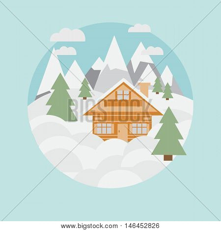 Ski landscape and chalet in mountains with snow and trees in flat style