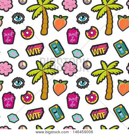 80s Fashion vector seamless pattern with pop art patches, pins, badges and stickers