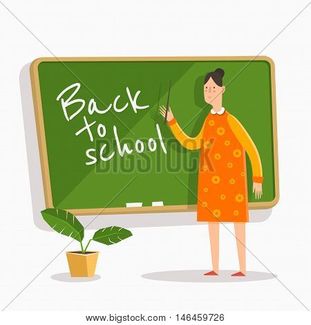 Back to school. Teacher with a pointer on the school Board.