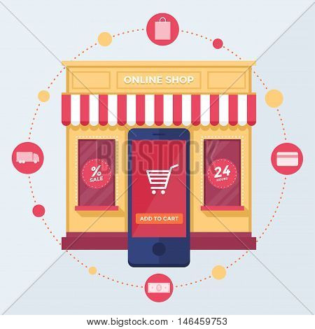 Online shop. Set of design vector illustration concepts of online shopping, mobile marketing and digital marketing.