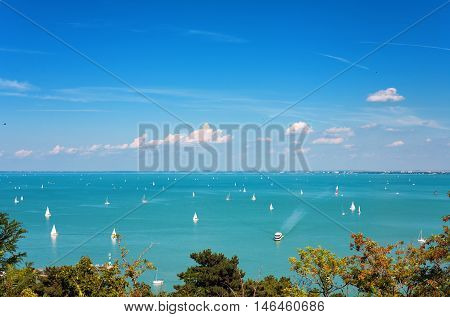 View of Lake Balaton with lots of ships from Tihany village in Hungary