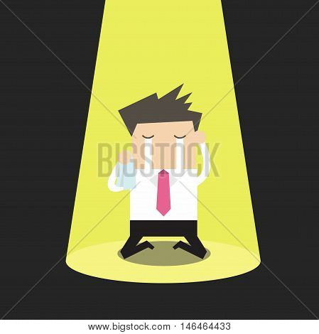 Unlucky businessman crying alone in spotlight vector