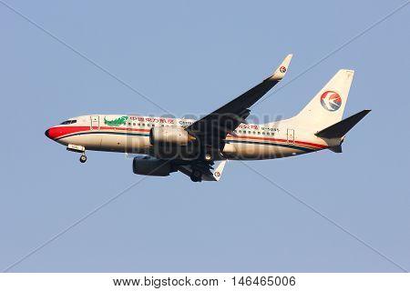 CHIANGMAI THAILAND - FEBRUARY 26 2014: B-5245 Boeing 737-700 of China Eastern Airline Landing to Chiangmai Airport from Kunming.