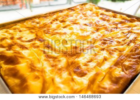 Traditional Turkish Homemade Banitsa - Pie With Cheese In A Tray