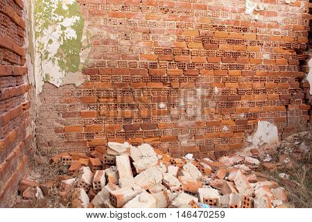 Parts of a Destroyed Old Brick Wall